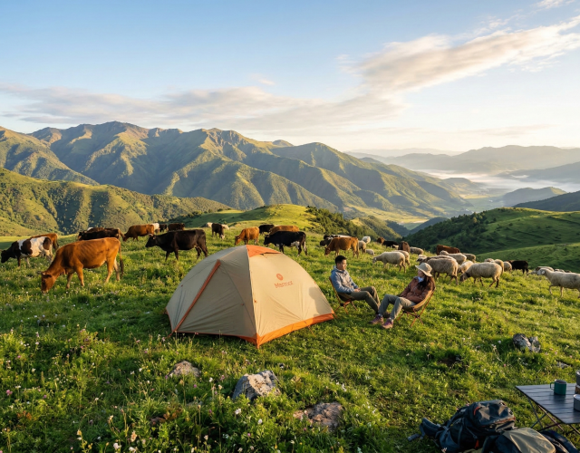 昆明寻甸凤龙山露营 高山草甸牛羊相伴露营